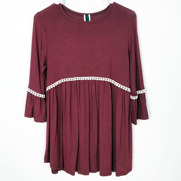 Lovely Souls Wine Red Bell Sleeve Tunic Top Contrast Boho Crochet Trim Small - Picture 1 of 8
